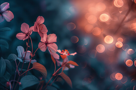 Flowers in the morning. Lights and bokeh. Floral background. Created with Generative AI technology.