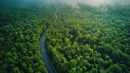 A sweeping aerial shot of a sprawling, deep green forest with a snaking highway road, emphasizing...