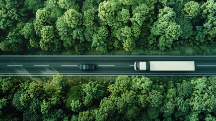 A top view of a small car and a semi-truck moving along a secluded highway road embedded in a forest with varying shades of green