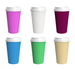 Set of realistic empty cups with plastic lids. Illustration is isolated and can be used for any background.
