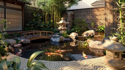 A tranquil backyard with a Japanese garden theme, including a koi pond with a small bridge, a rock...