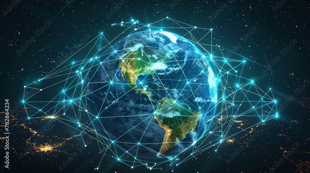 Poster global connectivity: a 3d vector illustration of a globe surrounded by a digital network