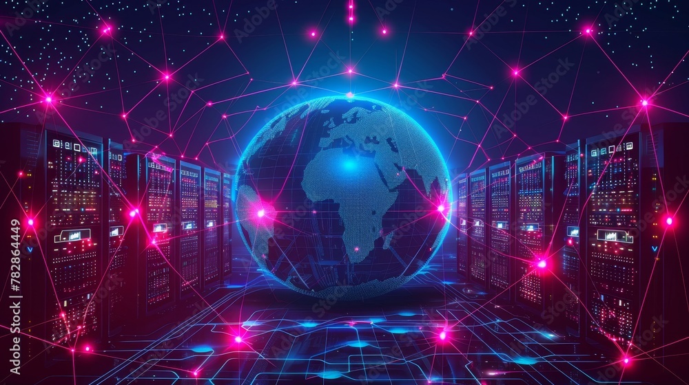 Poster global connectivity: a 3d vector illustration of a network server surrounded by digital connections