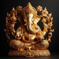 Fototapeta premium Divine Ganesha: Luxurious Golden Statue Symbolizing Spirituality, Faith, and Worship Against a Black Background