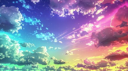 A vibrant sky with neon clouds in an array of rainbow colors, spreading across the horizon. The scene is vivid and full of life, with a sense of joy and fantasy. 