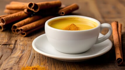cup of tea with cinnamon sticks A teacup filled with golden turmeric latte and a sprinkle of cinnamon