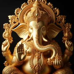 Fototapeta premium Divine Ganesha: Luxurious Golden Statue Symbolizing Spirituality, Faith, and Worship Against a Black Background