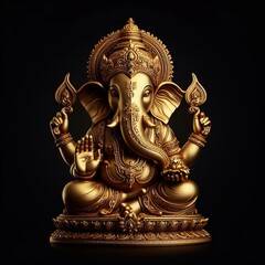 Divine Ganesha: Luxurious Golden Statue Symbolizing Spirituality, Faith, and Worship Against a Black Background - obrazy, fototapety, plakaty
