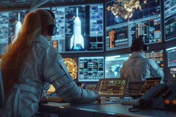 A woman with headphones faces a large control panel with space mission data, intensely focused on her task.