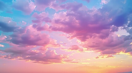 A whimsical sky with clouds that shimmer in neon shades of pink, purple, and blue, over a backdrop of a soft golden sunset.  - obrazy, fototapety, plakaty