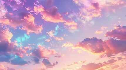A whimsical sky with clouds that shimmer in neon shades of pink, purple, and blue, over a backdrop of a soft golden sunset. 