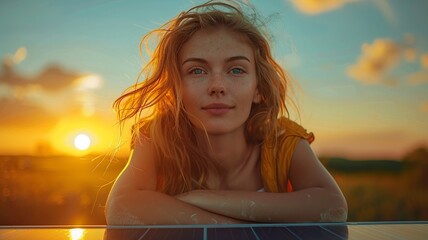 A girl enjoying the sunset near a solar panel. Clean energy.