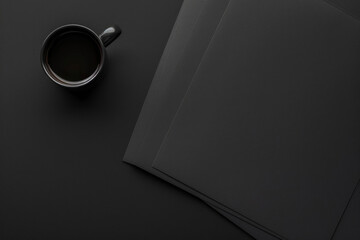Black black color A4 paper on a black desk with a mug of coffee in an elegant style