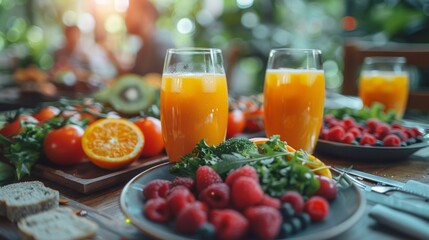Close-up of a hearty, healthy breakfast spread in a cafe setting, in the soft focus background,...