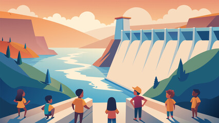 A group of children excitedly attend a field trip to a hydroelectric dam marveling at the powerful water rushing through turbines to generate - obrazy, fototapety, plakaty