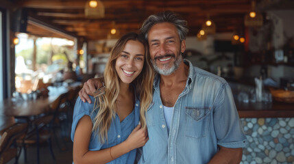 Couple standing in a cafe, holding a set of house keys with broad smiles, symbolizing new beginnings and home ownership.