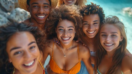 Multiracial young adults smiling, hugging and enjoying a sunny day at the beach. Perfect scene of friendship and diversity. - Powered by Adobe