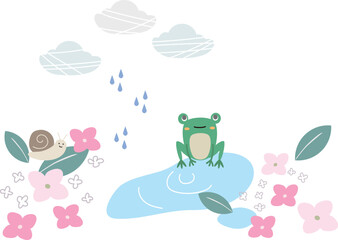 可愛いカエルとカタツムリの梅雨のイラスト素材