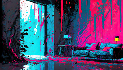 Abstract wall mockup, modern minimalistic interior on digital art concept, Generative AI. - 782865489