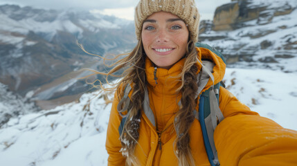 Young woman dressed in a yellow winter jacket takes a selfie with a snowy mountain backdrop, showcasing adventure and happiness in frosty weather.