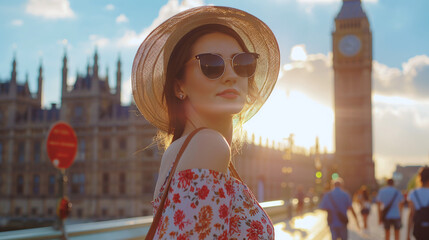 Young beautiful woman tourist in a dress, round hat and sunglasses against the backdrop of Big Ben