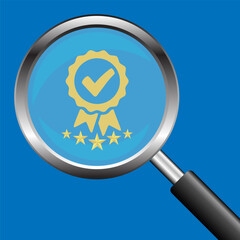 Magnifying glass and Certificate guarantee icon, International Organization for Standardization ISO and quality control certification.