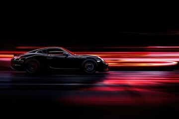 A black car driving fast on the road, with motion blur, , against a dark background, leaving a red light trail behind it, moving at high speed.