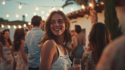 Young beautiful woman having fun in the company of friends at a party in the courtyard of a private villa - obrazy, fototapety, plakaty