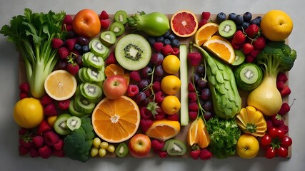 A unique and creative take on a healthy lifestyle, featuring a man sculpted from a variety of fruits and vegetables. Each piece of produce is carefully placed to create a visually stunning and detaile