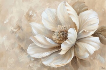 Oil painting of white flower, large white petals on beige background