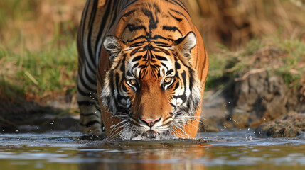 Fototapeta premium Close-up view of a tiger drinking water from a river in the wild Savannah