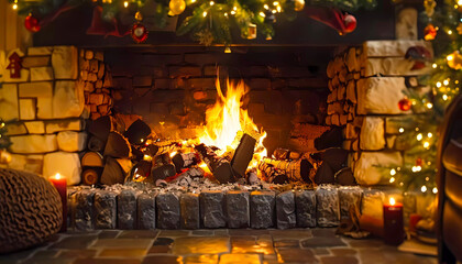 Warm and cozy fireplace closeup. Generative ai design concept.