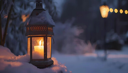 Winter evening and lantern with burning candle. Generative ai design concept.