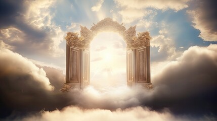 Heaven door. Paradise holy gate, spiritual religion architecture. Bright light at sky. Next life...