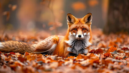 Red fox in autumn leaves wood. Generative ai design art concept.