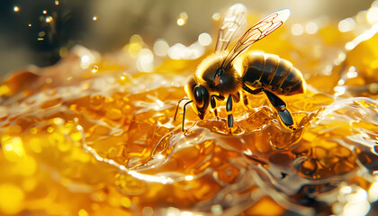 Bee and honey close up background. Generative ai design art concept.
