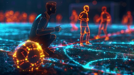 Glowing Neon Soccer: A 3D vector illustration of a soccer coach giving instructions to players - obrazy, fototapety, plakaty