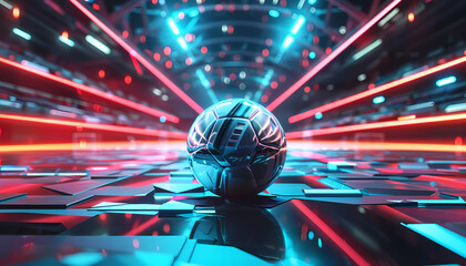 Futuristic soccer ball in colorful stadium. Generative ai design concept.
