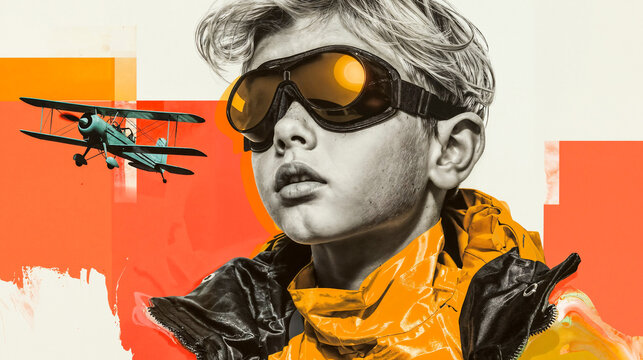 Young Caucasian boy as pilot with goggles and toy plane, dreaming of flight