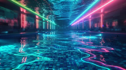 Glowing Neon Swimming: A 3D vector illustration of a neon swimming pool at night - obrazy, fototapety, plakaty