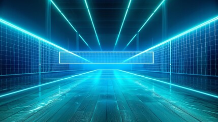 Glowing Neon Volleyball: A 3D vector illustration of a volleyball field