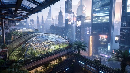  stunning rooftop greenhouse, overlooking a sea of cyberpunk-style skyscrapers and digital...