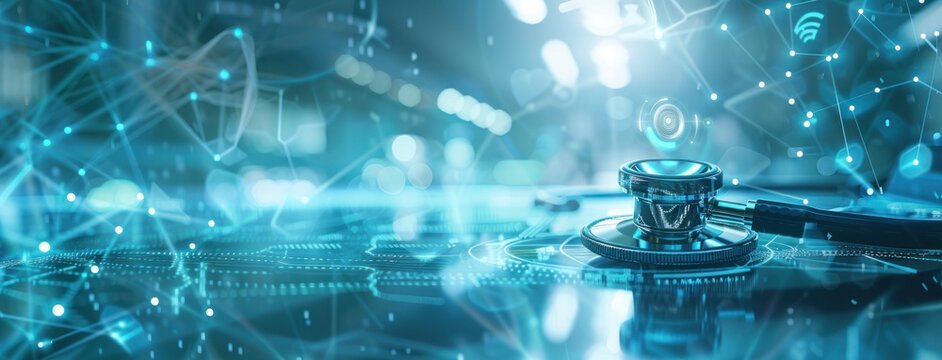 A computer screen with a blue background and a small image of a stethoscope