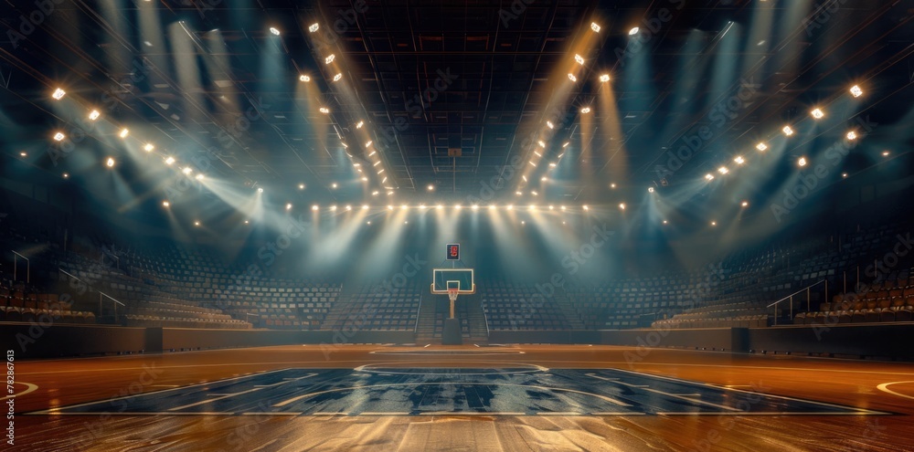 Canvas Prints a basketball arena with spotlights shining down.