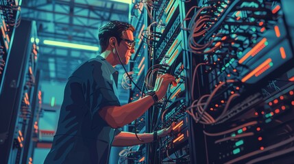 Network Management: A 3D vector illustration of a network technician troubleshooting a server - obrazy, fototapety, plakaty