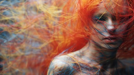Portrait of girl entangled in multicolored threads. Concept of uncertainty and choice of path of future. Abstract face of pretty young woman. Tangle of colored ropes. AI generated