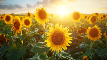 Summer field of sunflowers, with golden blooms stretching towards the sun, creating a vibrant and cheerful landscape under a cloudless sky - obrazy, fototapety, plakaty
