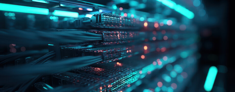A closeup of data center server of glowing data cables transferring information.