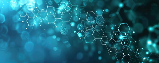 A blue background with a lot of hexagons and dots