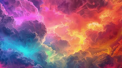 An avant-garde sky with neon clouds in a spectrum of colors, resembling an artist's palette. 